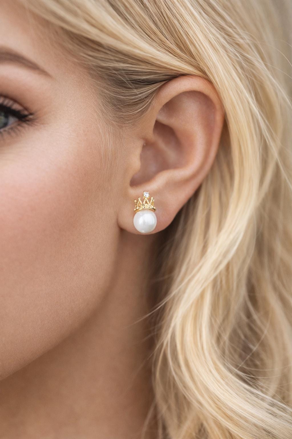 4pcs Glass Pearl Crown Earrings, 18K Gold plated Brass, Dainty Stud Earrings(#GB-431)